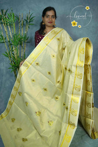 ZS1620 Light Gold Cotton Tissue saree with paisley and floral motifs