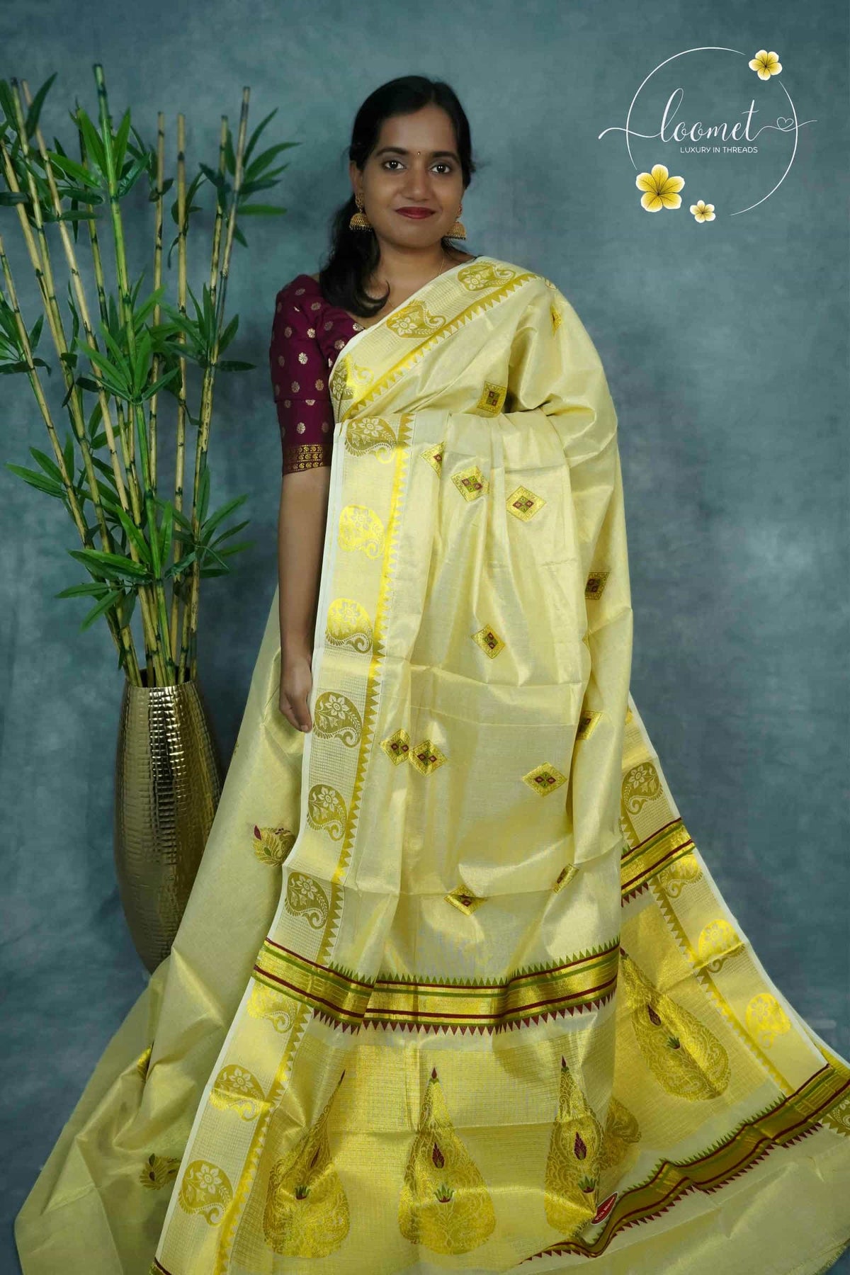 ZS1620 Light Gold Cotton Tissue saree with paisley and floral motifs