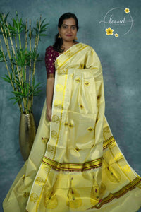 ZS1620 Light Gold Cotton Tissue saree with paisley and floral motifs
