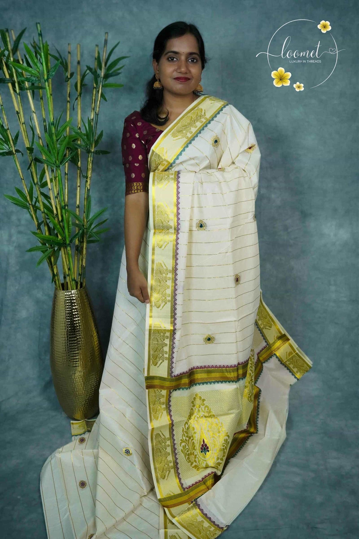 ZS1720 Off-White Kerala Kasavu Kuthampully Cotton saree with horizontal gold zari lines pattern