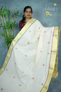 ZS1720 Off-White Kerala Kasavu Kuthampully Cotton saree with horizontal gold zari lines pattern