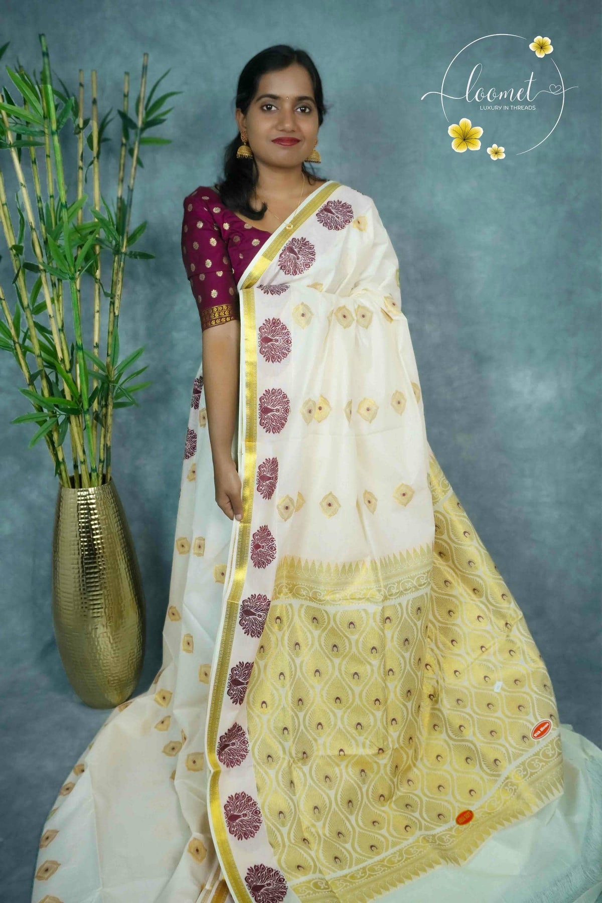 ZS1820 Off-White Kerala Kasavu Kuthampully Cotton saree with peacock motifs