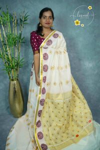ZS1820 Off-White Kerala Kasavu Kuthampully Cotton saree with peacock motifs