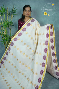 ZS1820 Off-White Kerala Kasavu Kuthampully Cotton saree with peacock motifs