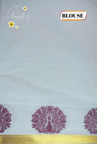 ZS1820 Off-White Kerala Kasavu Kuthampully Cotton saree with peacock motifs