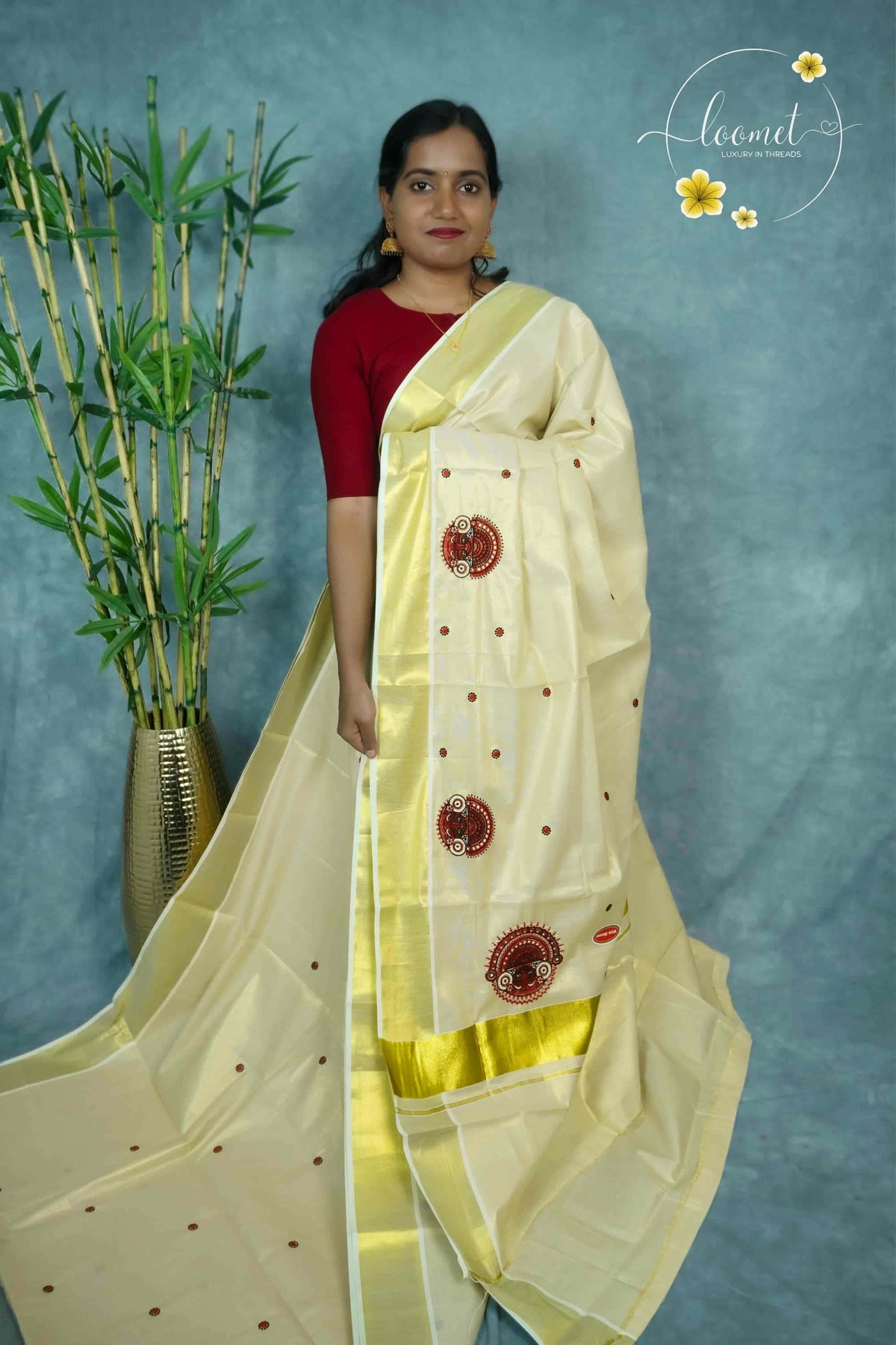 ZS1920 Light Gold Cotton Tissue saree with  Theyyam embroidery motifs