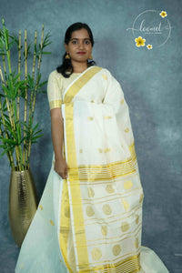 ZS2020 Kuthampully Handloom-Off-white Cotton saree with peacock motifs