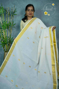 ZS2020 Kuthampully Handloom-Off-white Cotton saree with peacock motifs